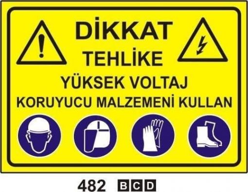 Tehlike Yüksek Voltaj Koruyucu Malzemeni Kullan, İnşaat Alanı Koruyucu Malzemeni Kullan, Ezilme Tehlikesi Preste Çalışırken Çift El Kumandasını Kullan, Gürültülü Alan Kulaklık Tak, Yangın Tehlikesi Sigara İçmek ve Açık Alev Yasaktır, Fabrika Alanı Koruyucu Malzemeni Kullan, Sıçrayan Parçalar Çapak Tehlikesi, Soğuk Düşük Isı Tehlikesi Koruyucu Malzemeni Giy, Sıkışma Tehlikesi, Yüksek Düşme Tehlikesi- Paraşüt Tipi Emniyet Kemerini Tak, Dönen Cisimler Kesilme Tehlikesi Çelik Örgü Eldiven Giy, Sıcak Levha Yanma Tehlikesi Isıya Dayanıklı Eldiven Giy, Asit Tahriş Edici Tehlike, Uyarı Levhaları, Bursa Uyarı Levhaları Baskı, Kombine Levhalar,