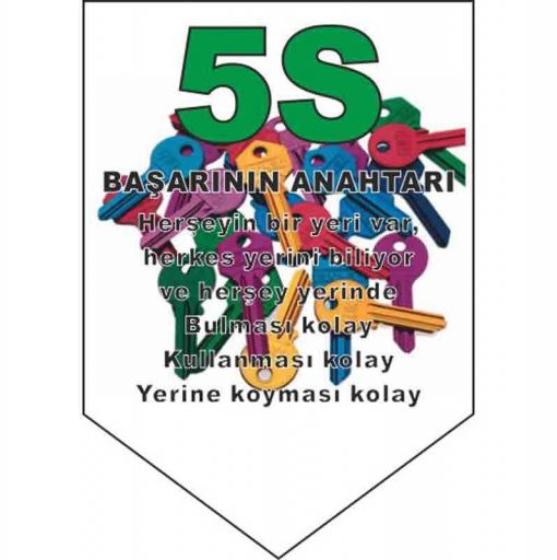5S Bir şey İçin Her şey Uyarı Levhası, 5S İş Güvenliği Levhaları, 5S Daha Güvenli ve Daha Verimli Uyarı Levhası, 5S Nedir Uyarı Levhası, 5S Temizlik ile Başlar Uyarı Levhası, 5S Düzenli Temiz Uyarı Levhası, 5S Kayıtsız Kalma Uyarı Levhası, 5S Standartları Uyarı Levhası, 5S Bulunması Kolay Uyarı Levhası, 5S Yapıyoruz Kırmızı Uyarı Levhası, 5S Yapıyoruz Uyarı Levhası, 5S Kolaylıktır Uyarı Levhası, 5S Flama Çeşitleri,5S Kılıç Flama,5S Başarının Anahtarı Kılıç Flama
