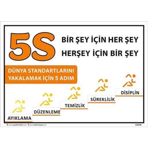 5S Bir şey İçin Her şey Uyarı Levhası, 5S İş Güvenliği Levhaları, 5S Daha Güvenli ve Daha Verimli Uyarı Levhası, 5S Nedir Uyarı Levhası, 5S Temizlik ile Başlar Uyarı Levhası, 5S Düzenli Temiz Uyarı Levhası, 5S Kayıtsız Kalma Uyarı Levhası, 5S Standartları Uyarı Levhası, 5S Bulunması Kolay Uyarı Levhası, 5S Yapıyoruz Kırmızı Uyarı Levhası, 5S Yapıyoruz Uyarı Levhası, 5S Kolaylıktır Uyarı Levhası, 5S Flama Çeşitleri, 5S Bir şey İçin Her şey Uyarı Levhası 