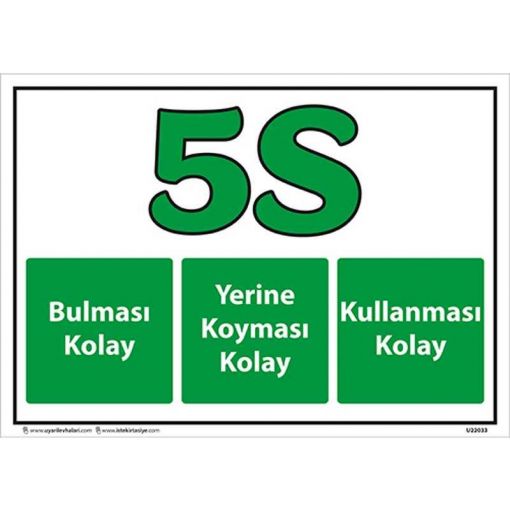 5S Bir şey İçin Her şey Uyarı Levhası, 5S İş Güvenliği Levhaları, 5S Daha Güvenli ve Daha Verimli Uyarı Levhası, 5S Nedir Uyarı Levhası, 5S Temizlik ile Başlar Uyarı Levhası, 5S Düzenli Temiz Uyarı Levhası, 5S Kayıtsız Kalma Uyarı Levhası, 5S Standartları Uyarı Levhası, 5S Bulunması Kolay Uyarı Levhası, 5S Yapıyoruz Kırmızı Uyarı Levhası, 5S Yapıyoruz Uyarı Levhası, 5S Kolaylıktır Uyarı Levhası, 5S Flama Çeşitleri, 5S Bulunması Kolay Uyarı Levhası