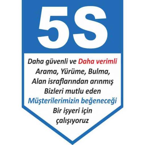 5S Bir şey İçin Her şey Uyarı Levhası, 5S İş Güvenliği Levhaları, 5S Daha Güvenli ve Daha Verimli Uyarı Levhası, 5S Nedir Uyarı Levhası, 5S Temizlik ile Başlar Uyarı Levhası, 5S Düzenli Temiz Uyarı Levhası, 5S Kayıtsız Kalma Uyarı Levhası, 5S Standartları Uyarı Levhası, 5S Bulunması Kolay Uyarı Levhası, 5S Yapıyoruz Kırmızı Uyarı Levhası, 5S Yapıyoruz Uyarı Levhası, 5S Kolaylıktır Uyarı Levhası, 5S Flama Çeşitleri,5S Kılıç Flama, 5S Kılıç Flama - Organizasyon Bayrakları